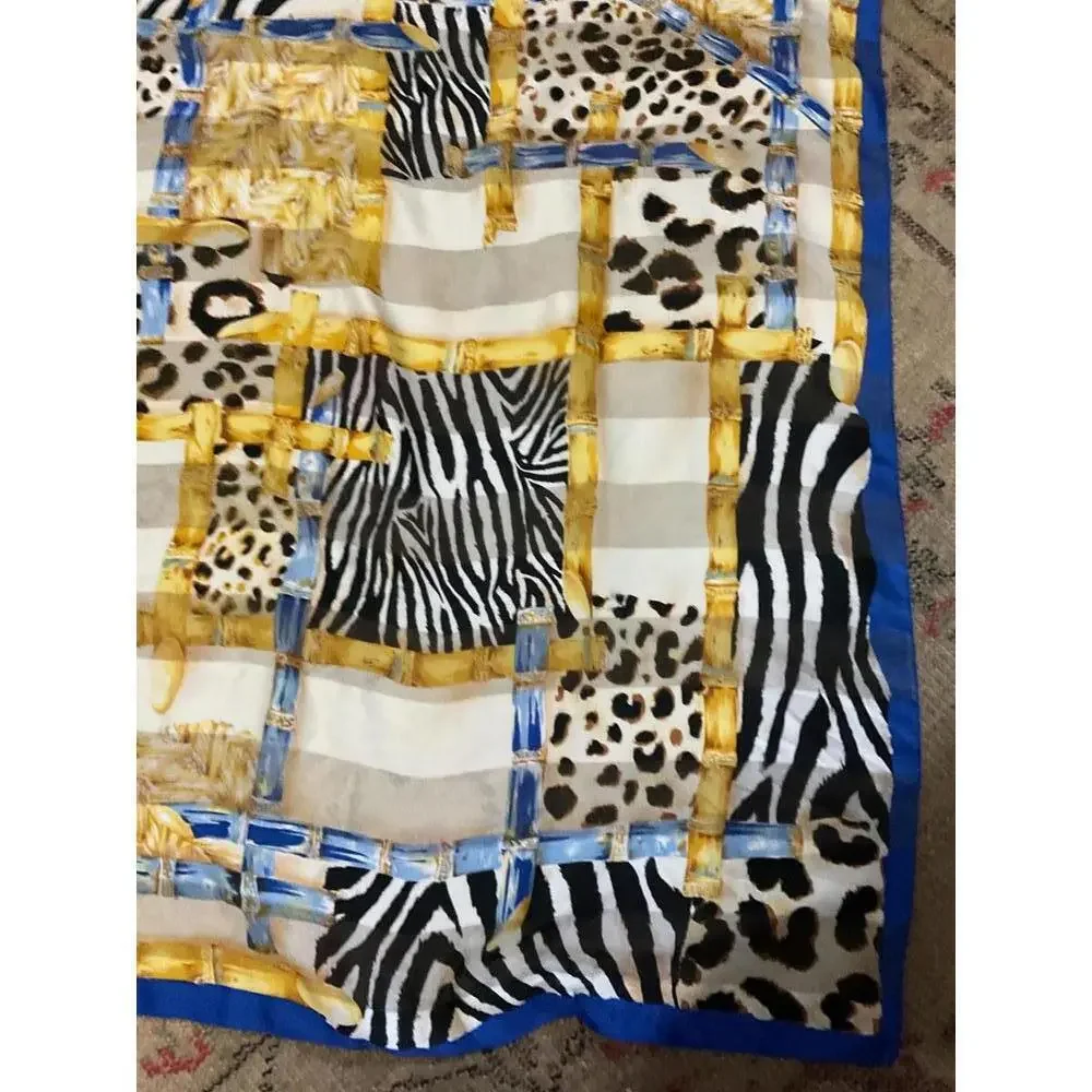 Stylish Animal Print Scarf with Blue Trim 34” x34”